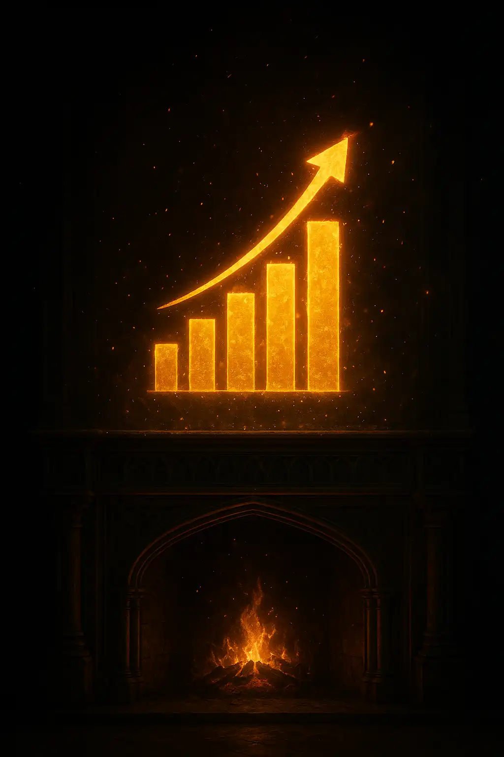 Glowing multiplier chart rising above a gothic manor fireplace before it crashes
