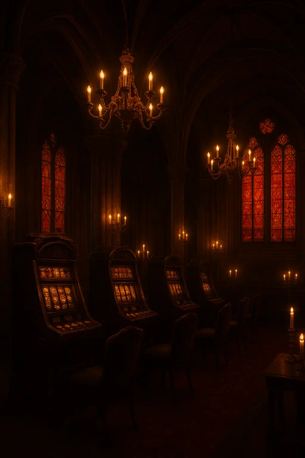 RaraWin gothic manor hall with glowing slot machines and stained glass windows