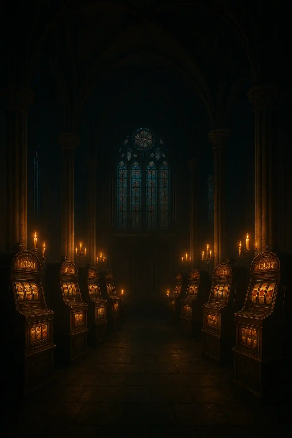 Gothic manor hall lined with candlelit slot machines and stained glass windows