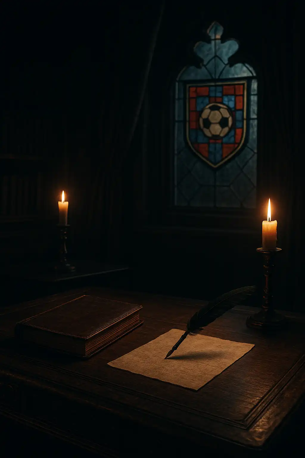 Gothic manor study with a betting slip, quill and stained glass sports crest