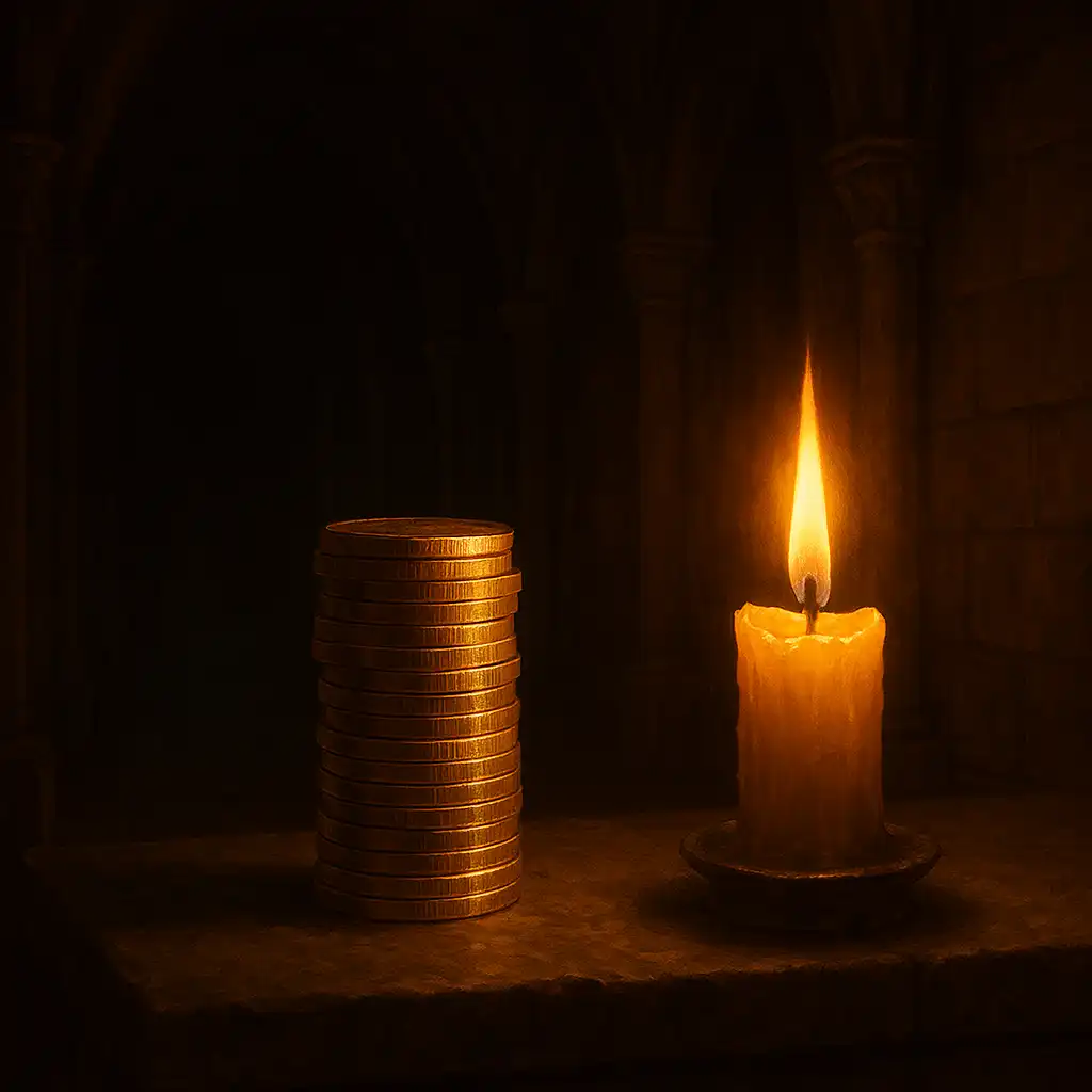 Stack of gold coins beside a candle on a stone ledge