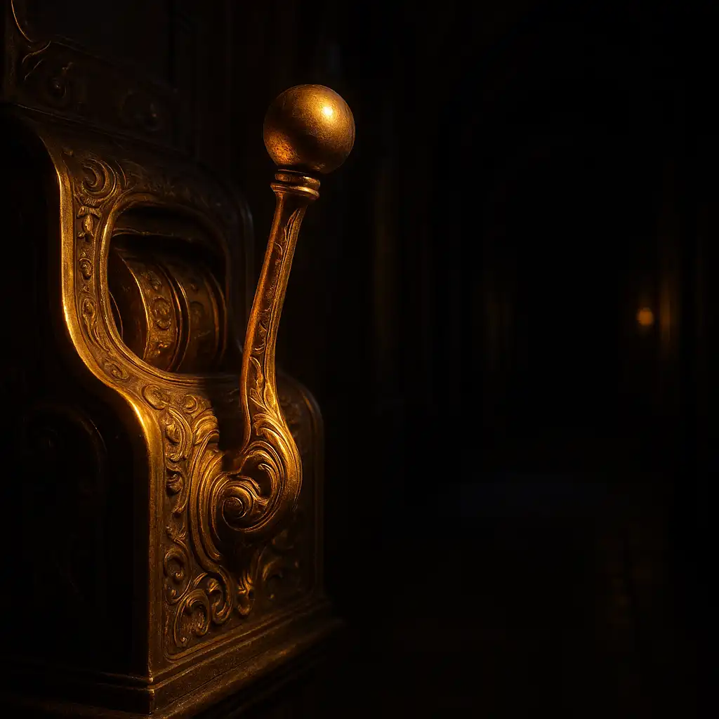 Ornate slot machine lever glowing gold in a dark corridor