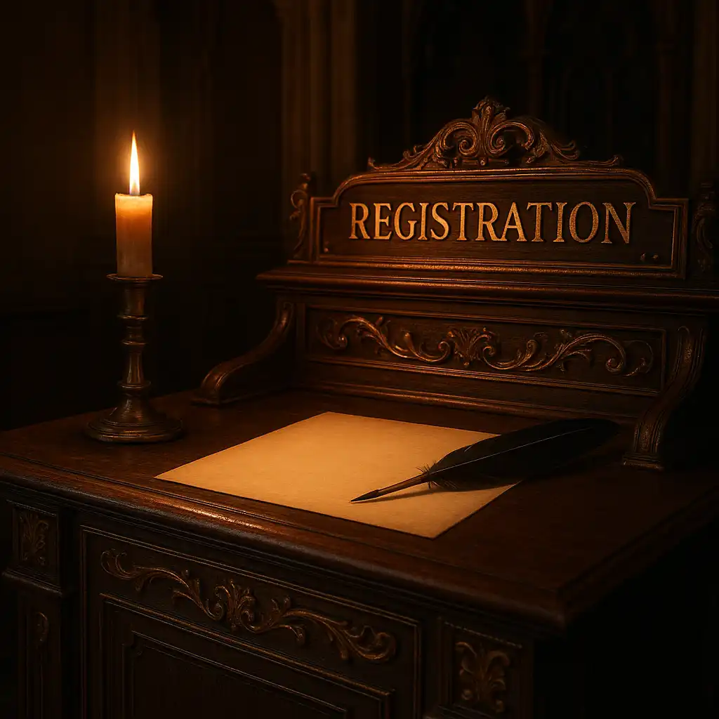 Registration form with a quill pen on a manor desk