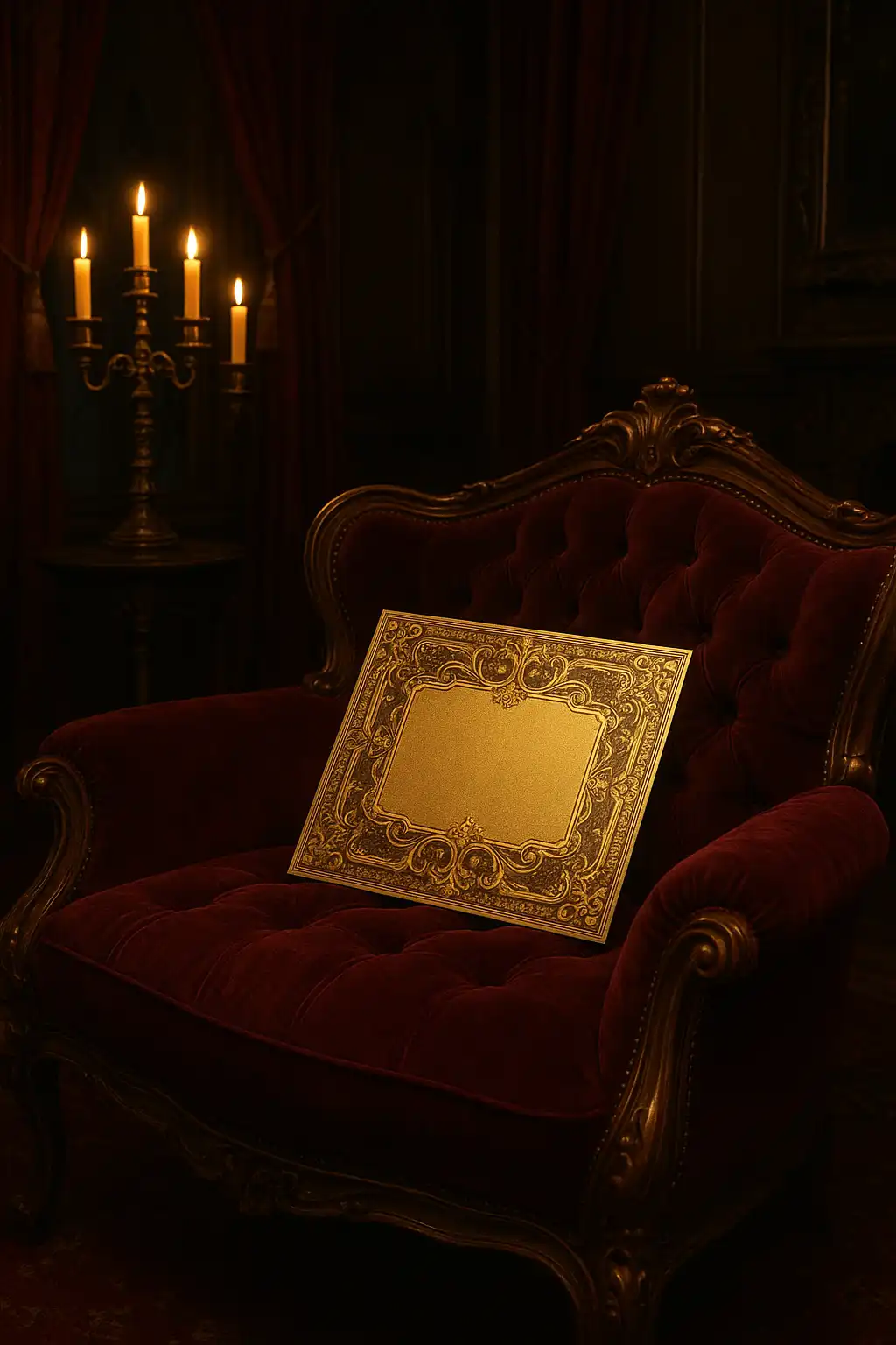 Private gothic manor lounge with a velvet chaise and a golden invitation card